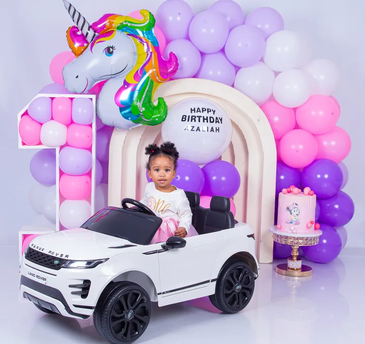 Unicorn themed birthday balloon arch